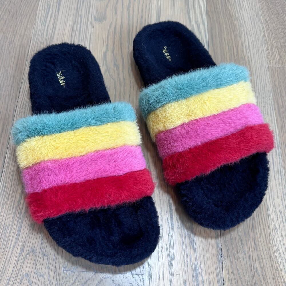 Boden Rainbow Fuzzy Slippers Faux Fur Slides Women’s Size 8.5 (39)